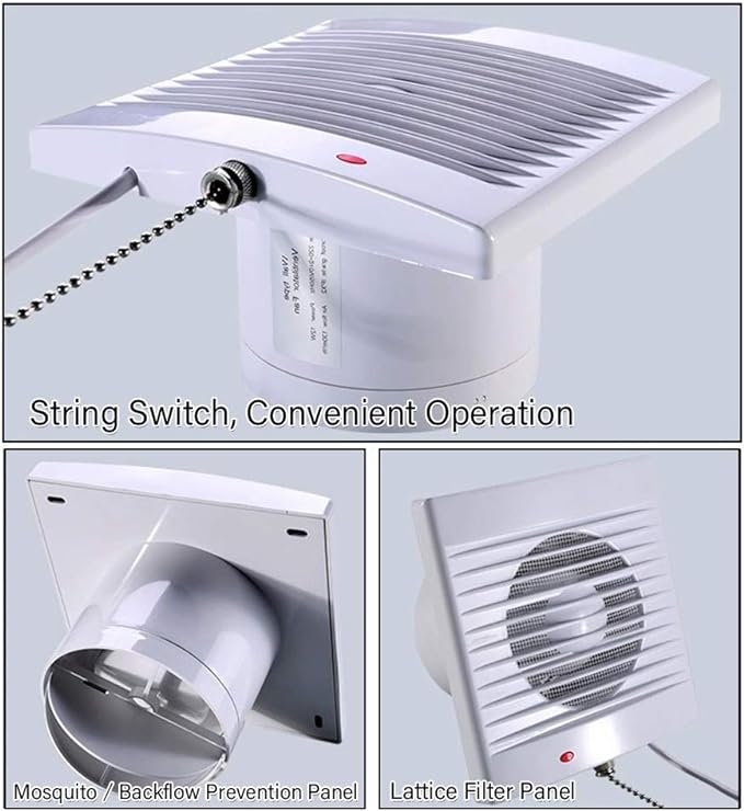 SAILFLO 4 Inch Wall-Mounted Exhaust Fan, 12W Ventilation Extractor with Anti-backflow Check Valve Chain Switch for Window Duct Glass Grow Tent Bathroom Vents - 6"×6" Grid Panel - Small Size