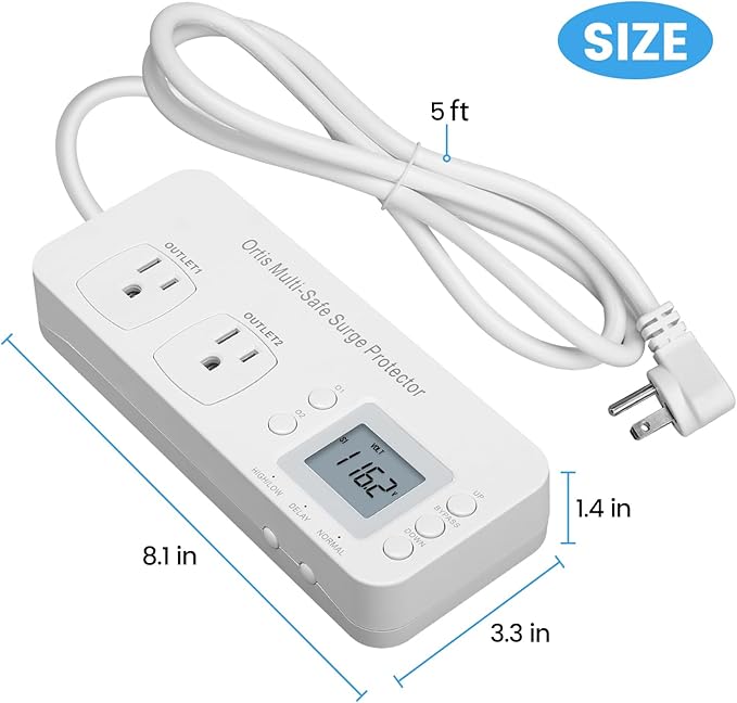 Refrigerator Surge Protector, Ortis Double Outlet RV Appliance Surge Protector with Time Delay & Real-Time Electricity Usage Monitor, Protects All Voltage Abnormalities, White