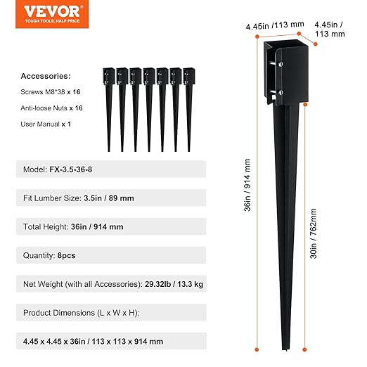 VEVOR Fence Post Anchor, 8 Pack 36 x 4 x 4 Inches Outer Diameter (Inner Diameter 3.5 x3.5 Inches) Ground Spike, Metal Black Powder Coated Post Stake Ground, for Mailbox Deck Garden Railing
