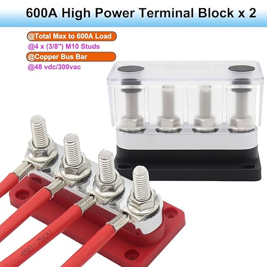 Bus Bar 12V-48V 600A Copper Busbar Distribution Blocks with 4X 3/8" Posts Terminals Powerbar, Heavy Duty DC Battery Junction Blocks 600 Amp for Car RV Truck Boat Solar Marine, Red&Black 2 Pack