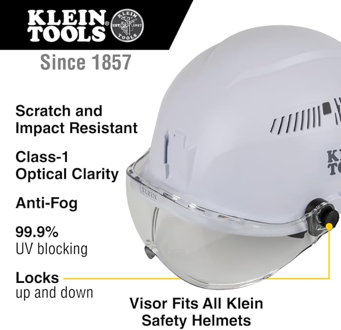 Klein Tools VISORCLR Clear Visor for Hard Hat and Safety Helmet, Low Profile, Impact Rated, Anti Fog, Scratch Resistant, Flip-Up, UV Protection