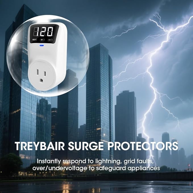 Surge Protector Voltage Stabilizers - Fireproof UL94V-1 Wall Mount Surge Protector Outlets for Refrigerator TV Appliances Real-Time Monitoring & Custom Voltage 80V-140V, 15A, 120V, 1800J,2 Pack
