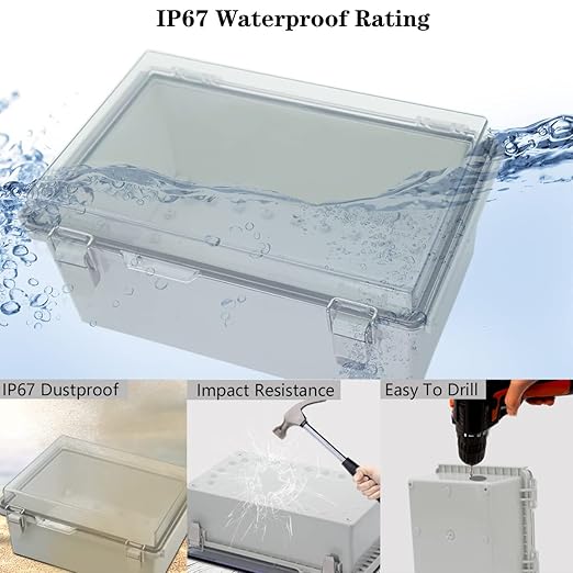 Zulkit Junction Box ABS Plastic Dustproof Waterproof IP67 Electrical Boxes Hinged Shell Outdoor Universal Project Enclosure Grey Clear Cover, Stainless Steel Buckles 15x11x5.1 Inch