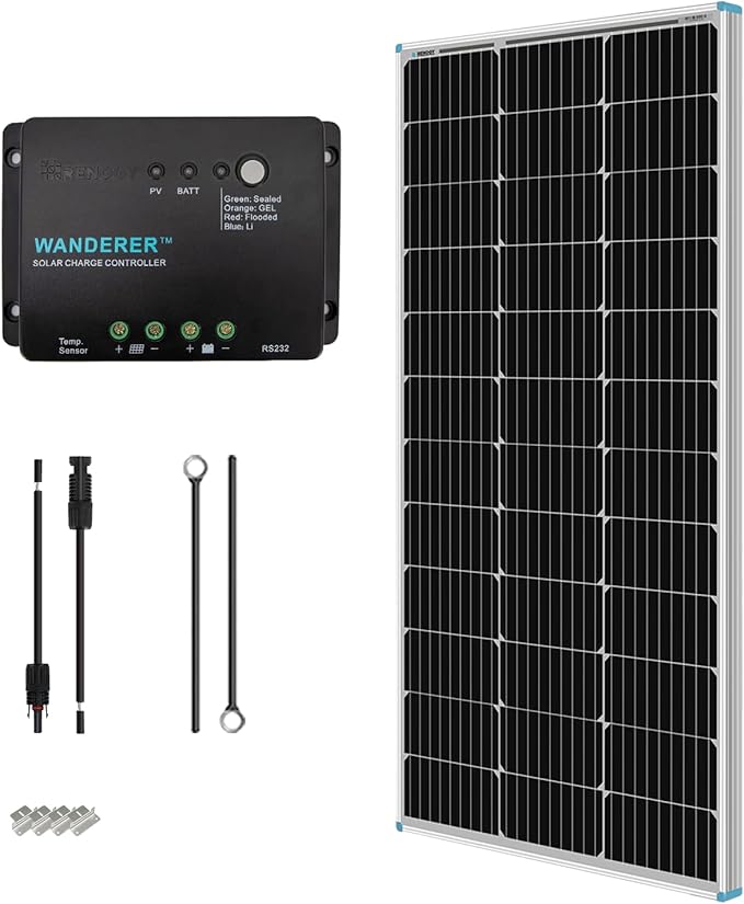 Renogy 100W 12V Solar Panel Starter Kit, 100 Watt Monocrystalline Solar Panel, 30A LCD PWM Charger Controller, Adaptor Kit, Tray Cables, Z Brackets for RV, Camper, and Other Off Grid Applications