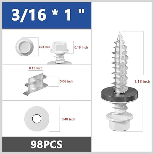 # 3/16 * 1 "98PCS 1lbs White Hexagonal Metal Sheet roof Screws, # 10 * 1 with EPDM Washer and Hexagonal self Tapping, Used for Metal to Wood and Corrugated Roofs. 5 * 25mm