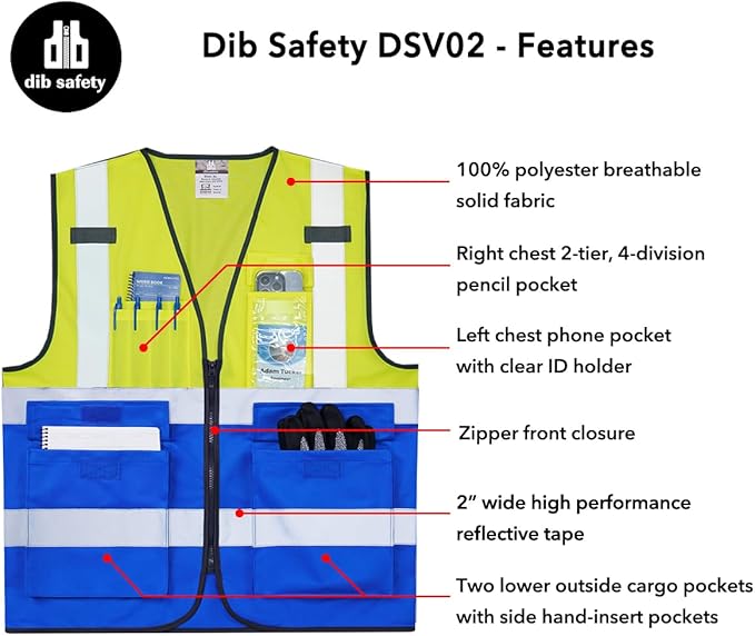 Dib Safety Reflective Vest ANSI Class 2, High Visibility Vest with Pockets and Zipper, Construction Work, Hi Vis