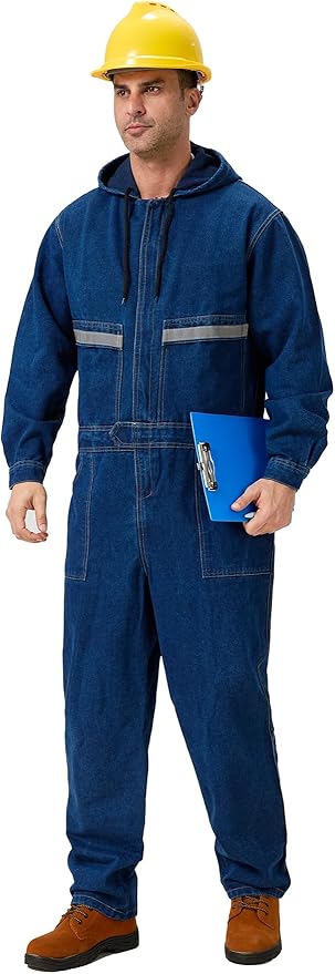 Mens Denim Work Coveralls with Hood Heavy Duty Work Jumpsuit Loose Fit Coverall Hi Viz Mechanic Jeans Overalls