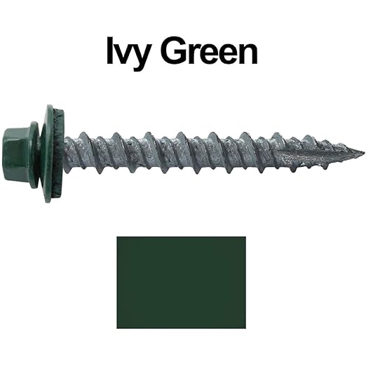 Metal ROOFING SCREWS: (250) 10 x 1-1/2" Forest/Ivy Green Hex Head Sheet Metal Roof Screw. Self starting metal to wood siding screws. EPDM washer. Colored head