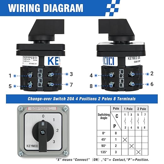 20A Black Rotary Changeover Switch with Box, 3-Way 1 NO 1 NC, 660V 8 Terminals, Universal Selector Switch with Fork Terminals, IP65 (4 Positions 2 Poles - Black