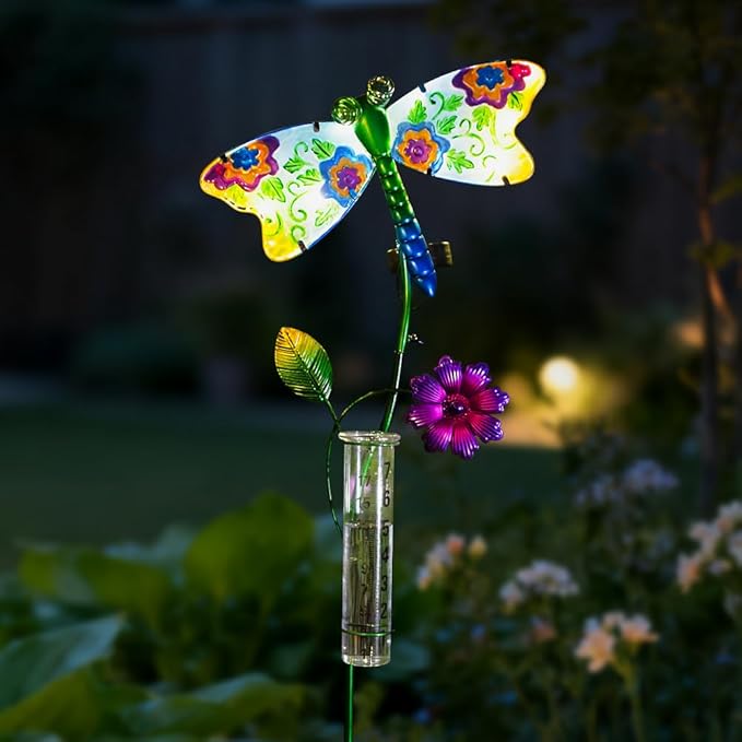 Solar Rain Gauge Outdoor, Dragonfly Rain Gauge, 7 Inch Tube Decorative Rain Measure Gauge, Metal Rain Measure Tool for Garden, Lawn Ornaments