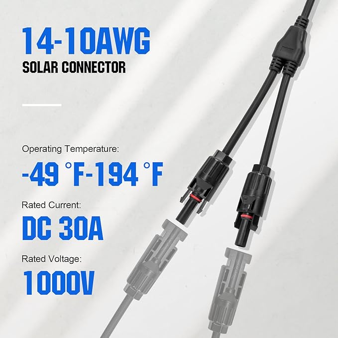 ECO-WORTHY 2 Pair Solar Connectors 30A Y Branch Parallel PV Adapter Cable Wire Plug Tool Kit for Solar Panel