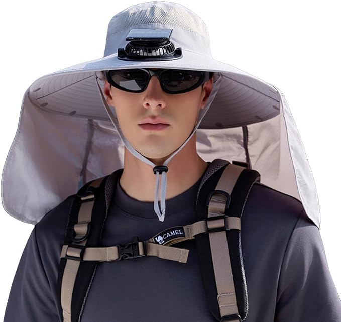 Extra Wide Brim Solar Fan Hat, Mens Fishing Hat with Fan, Neck Flap Sun Hat, UPF 50+ Solar Powered Cooling Cap Fisherman Hats