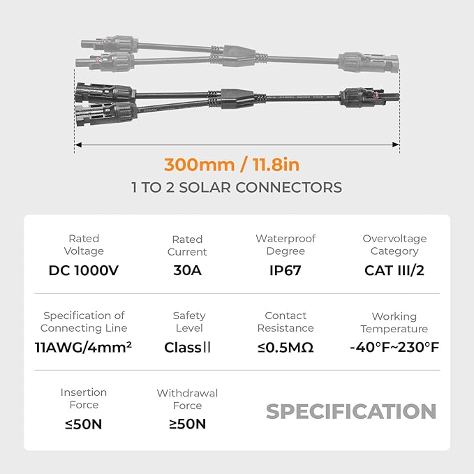 Solar Panel Connector 2 to 1 Solar Y Branch 2 Way 30A 1000V Solar Panel Splitter Y-Branch Cable Solar Panel Parallel Connectors Parallel Adapter for Solar Panel (1 Pairs)