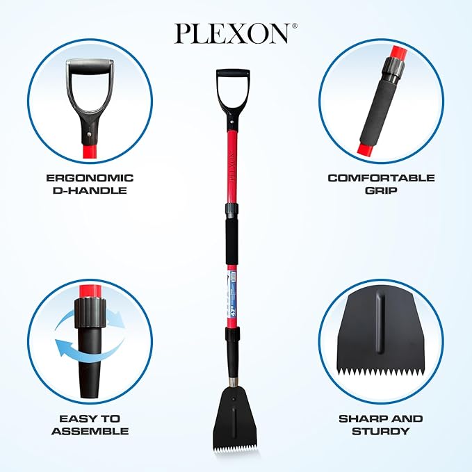 PLEXON Snow Shovel for Driveway Car with Ice Chopper - Ergonomic Collapsible Lightweight Folding Fiberglass Snow Pusher for Snow Removal and Breaking Ice - 18" Width 47", Black, Red