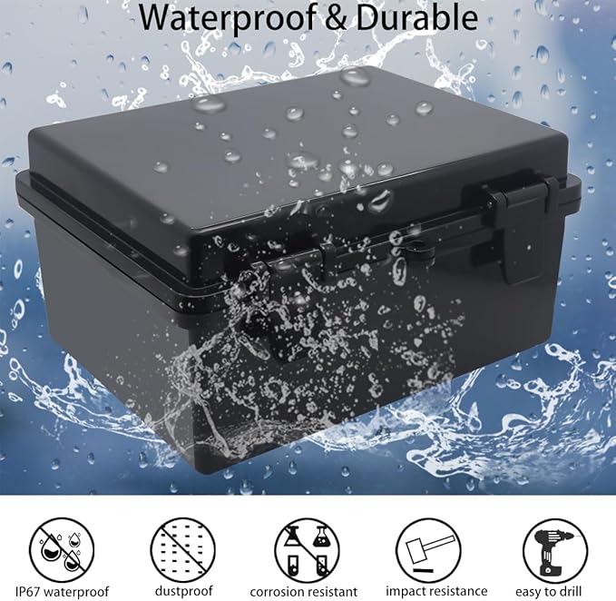 Junction Box, Hinged Black Cover IP67 Waterproof ABS Project Box with Mounting Plate Electrical Box Enclosure with Wall Bracket 8.7 x 6.7 x 4.3inch(220x170x110mm)
