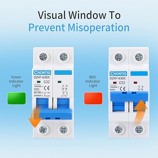 32 Amp Miniature DC Circuit Breaker 1000V 2 Pole, Solar PV Disconnect Switch with Thermal Magnetic Trip, DIN Rail Mount Isolator C32