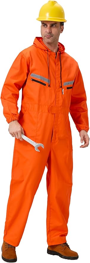 Mens Work Coveralls Mechanic Hooded Overall Workwear Jumpsuits Long Sleeve Hi Viz Coverall with Zippers