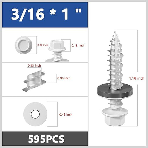 # 3/16 * 1 "595PCS 5lbs White Hexagonal Metal Sheet roof Screws, # 10 * 1 with EPDM Washer and Hexagonal self Tapping, Used for Metal to Wood and Corrugated Roofs. 5 * 25mm