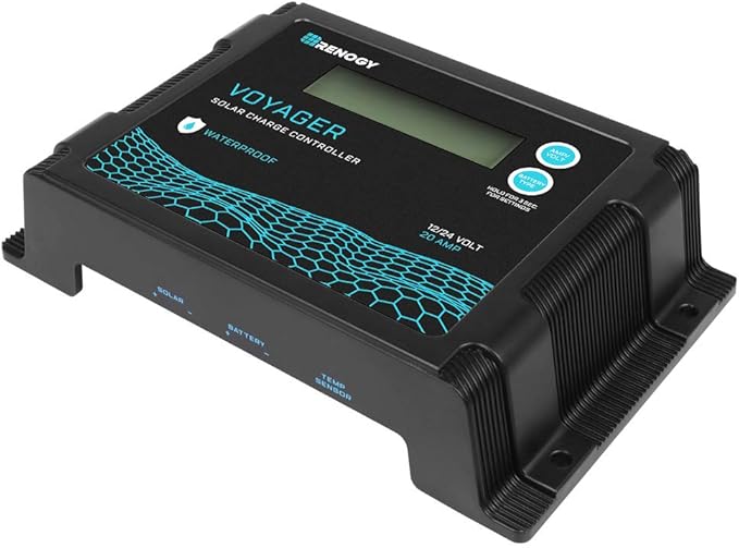 Renogy Voyager 20A 12V/24V PWM Waterproof Solar Charge Controller w/ LCD Display for AGM, Gel, Flooded and Lithium Battery, Used in RVs, Trailers, Boats, Yachts, Voyager 20A