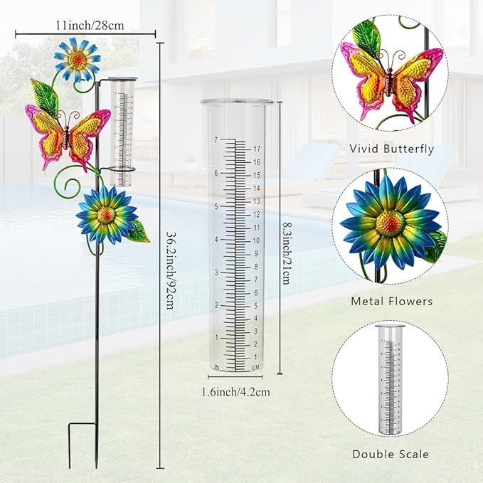 Rain Gauge Outdoor, Butterfly Rain Gauge with Metal Stake, 7 Inch Tube Rainfall Measurement, Decorative Rain Measure Tool for Patio, Lawn, Garden