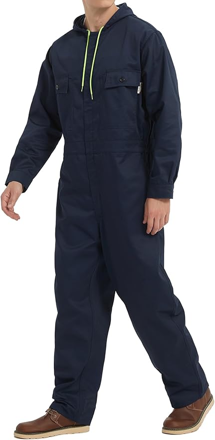 Mens Cotton Blend Long Sleeve Coverall Multi Pockets Zip Overall Mechanic Work Jumpsuit with Hood