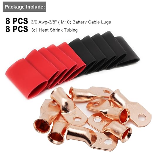 TKDMR 8pcs 3/0 AWG-3/8 Battery Lugs,Heavy Duty Wire Lugs,Ring Terminals,Battery Cable Ends,0 Guage terminals,Battery Terminal Connectors with 8pcs 3:1 Heat Shrink Tubing