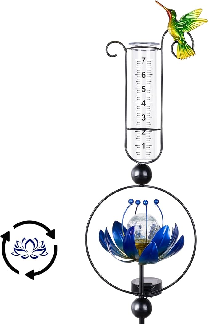 Rain Gauge Outdoor,42 Inch Solar Rain Gauges Decorative with Lotus Flower Spinner Light,Large Number Plastic Tube Rain Catcher Freeze Proof Hummingbird Water Gauge for Garden Yard Lawn