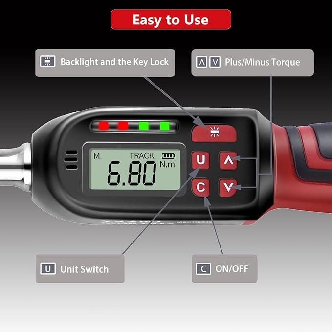 VANPO Digital Torque Wrench 3/8 Inch Drive 5-99.5 ft-lbs./6.8-135Nm, ±2% CW Torque Accuracy, Electronic Torque Wrench Set with Buzzer and LED Flash Notification for Bike Moto