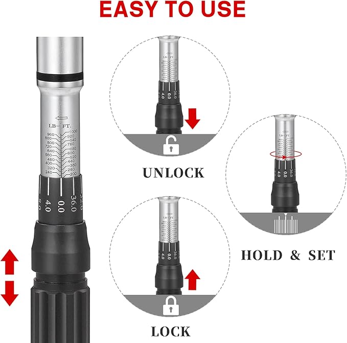 1-Inch Drive Click Torque Wrench (200-1000ft.lb / 271-1356.7Nm) Dual-Direction Adjustable Torque Wrench Set