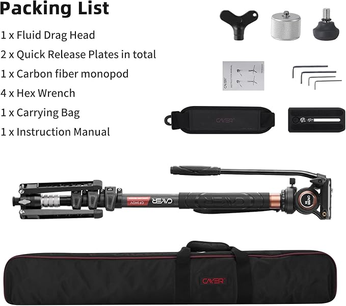 Cayer Monopod Camera Stand, Carbon Fiber Telescopic Monopods Kit with Video Fluid Head and Folding Support Base, 1 Extra Sliding Plate, for DSLR Video Cameras & Camcorders, CF34, 72 Inch