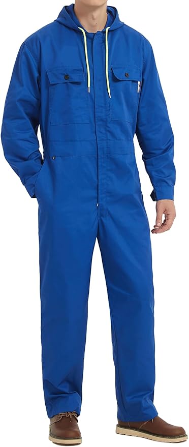 Mens Cotton Blend Long Sleeve Coverall Multi Pockets Zip Overall Mechanic Work Jumpsuit with Hood