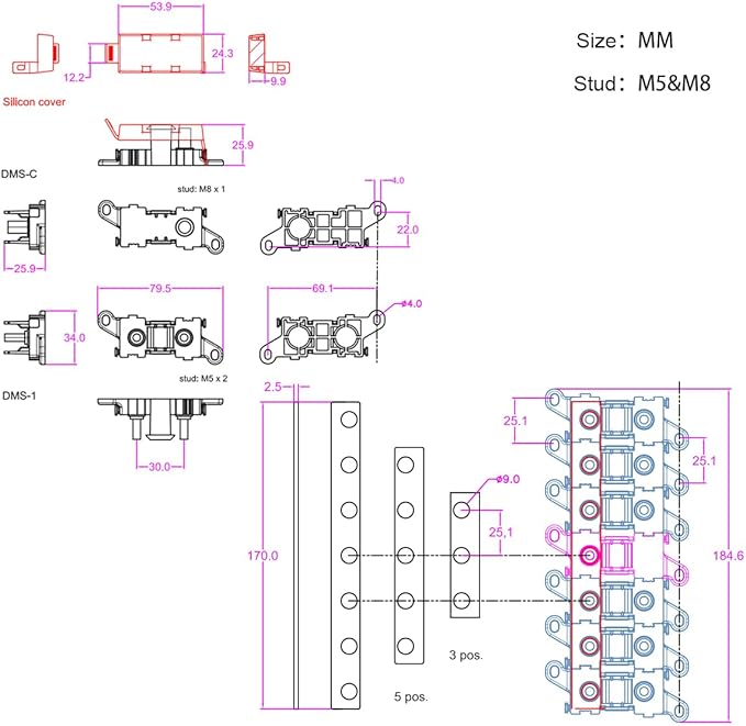 6way Midi Fuse Holder Car Audio Automotive Marine Boat Motor Fuse Blocks Midi Holder 30 Amp 60Amp 100Amp Midi Fuses 1in 6out