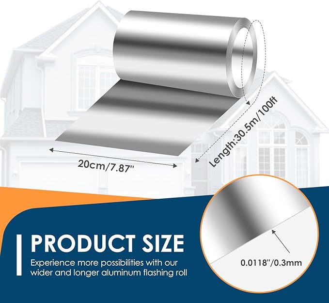 Aluminum Roll Flashing, 8'' x 100' Metal Roofing Roll for Roof and Garden, Prevents Roofing Stains, 0.019-inch/0.3 mm Thickness (26GA) Roof Strip for Moss and Mildew Prevention