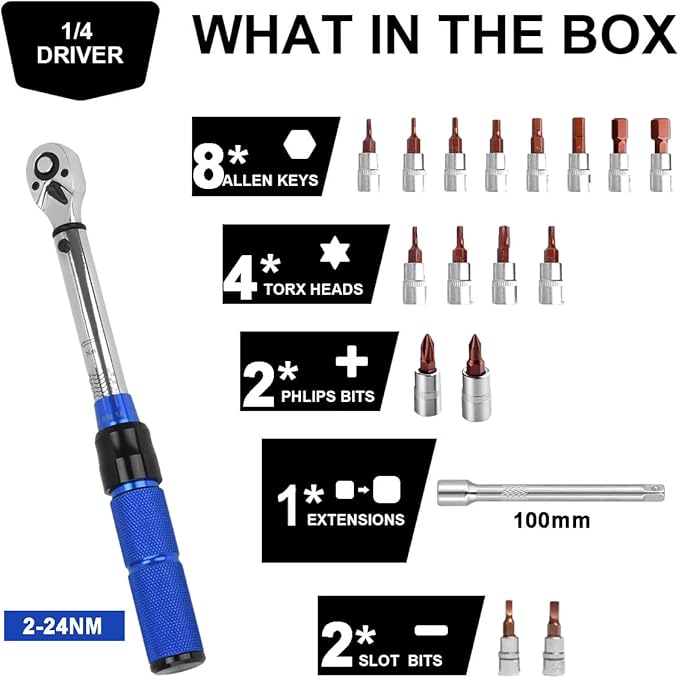 COTOUXKER Bike Torque Wrench Set, 1/4 Inch Drive Torque Wrench 2 to 24 Nm Bicycle Tool Kit for MTB Mountain Road Bikes with Allen Key, Torx Sockets, Extension Bar