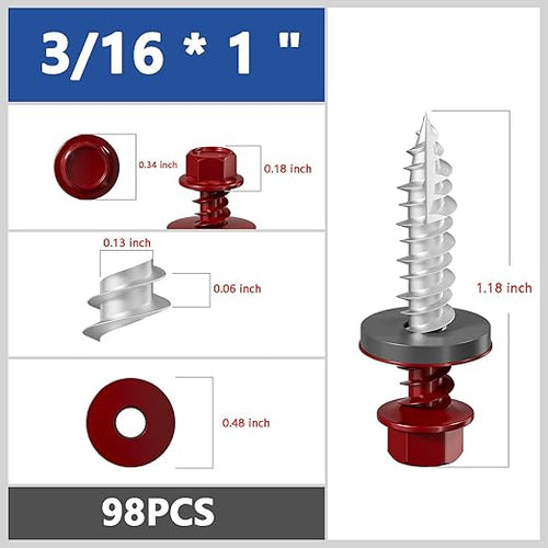 # 3/16 * 1 "98PCS 1lbs Red Hexagonal Metal Sheet roof Screws, # 10 * 1 with EPDM Washer and Hexagonal self Tapping, Used for Metal to Wood and Corrugated Roofs. 5 * 25mm