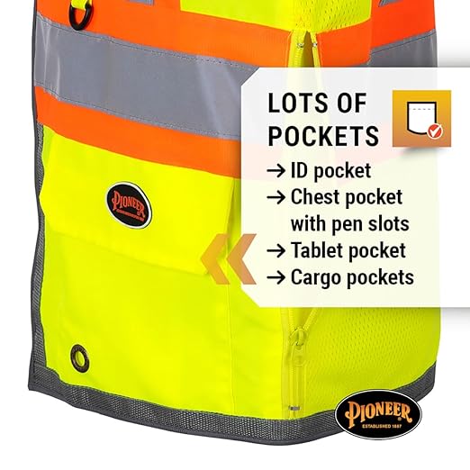 Pioneer Safety Vest for Men – Hi Vis Reflective Neon, Cool Mesh Back Panel, 12 Pockets, Zipper for Surveyor Work – Orange, Yellow/Green