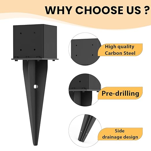 1 Pcs 6"x6" Fence Post Anchor,(Internal 5.6"x5.6"),Metal Fence Post Anchor Ground Spike 22" with Black Powder-Coated,Fence Stakes Post Base for Deck,Fence,Porch,Railing,Mailbox.