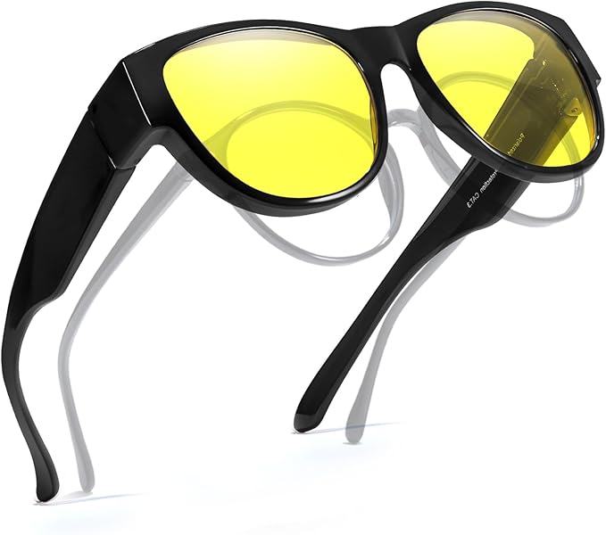 TJUTR Fit-Over Night Vision Driving Glasses for Men Women, Anti-Glare Polarized UV400 Yellow Lenses for Nighttime Safety