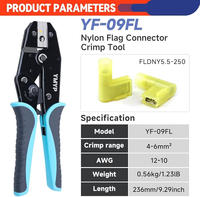 Crimping Tool For Insulated Flag Terminals - Ratcheting Wire Crimper - AWG 12-10 (4-6mm²) - Electrical Crimping Tool