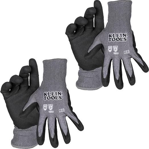 KLEIN TOOLS 60583 Work Gloves, Knit Dipped Cut Resistant ANSI A2 Nitrile Coated Gloves, HPPE Fabric, Touchscreen Capable, Small, 2-Pair