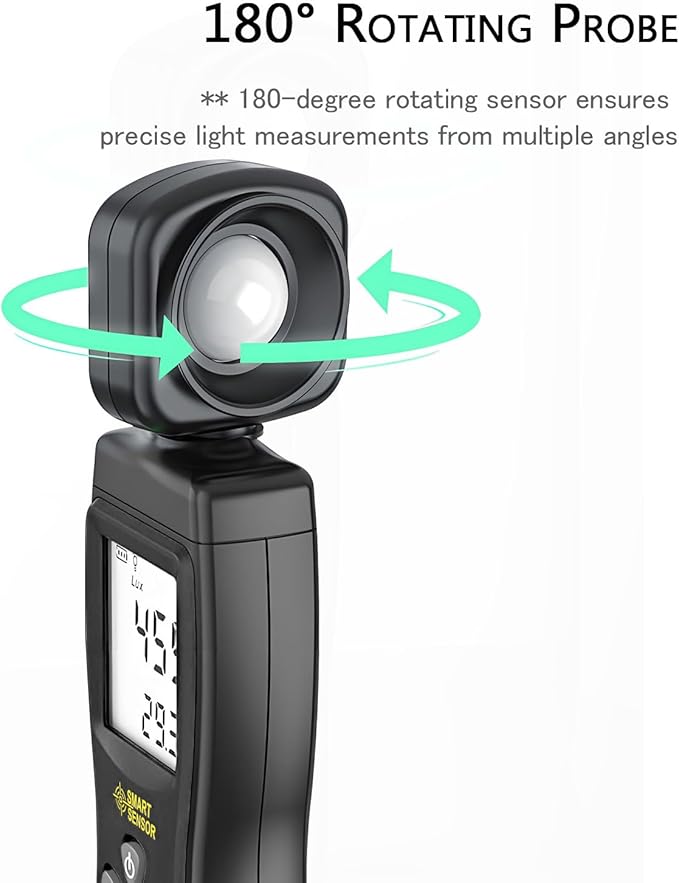 Digital Light Meter, Backlit LCD Display Lux/Foot Candles Meter with 180º Rotating Sensor, Range up to 200,000 Lux Luxmeter,for Photography Plants Lighting Intensity Brightness Measurement