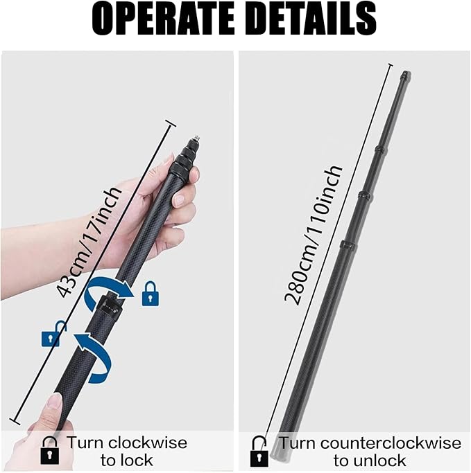 110"/2.8m Carbon Fiber Invisible Selfie Stick,9.2ft Extended Super Long Pole for Insta360 X5/X4 Insta 360 X3 ONE X2, ONE R, ONE X, ONE GO 3S 3 2 Gopro Max Action Camera Accessories (2.8m/9.2ft)