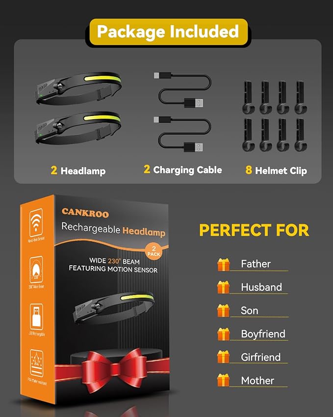 Headlamps Rechargeable with Red Light 2 Pack, Wide Beam Running LED Head Lamp for Adults, Headlights for Head with Motion Sensor, Hard Hat Light for Running, Camping, Hiking, Hunting, Fishing