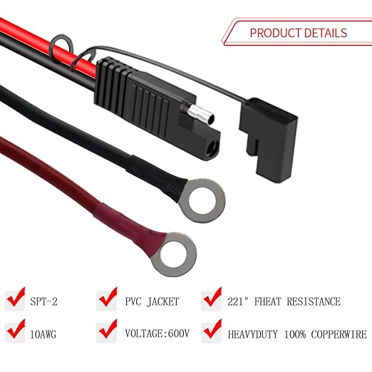 SAE Battery Connector, 10AWG SAE to O Ring Terminal Harness 2-Pin Quick Disconnect SAE Battery Cable for Motorcycle Car,with 10A 15A 20A 25A 30A Protection Fuse(10FT)