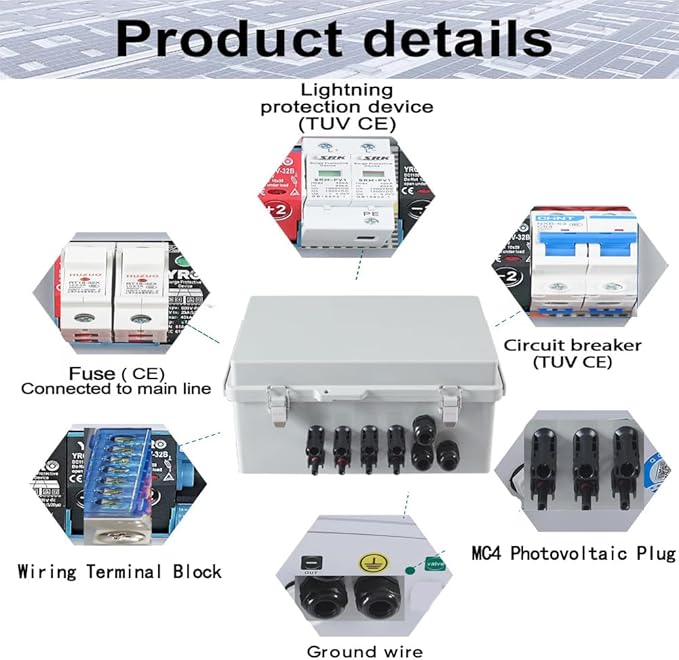 Combiner Box for Solar Panels Pv Combiner Box Solar Combiner Box with 4 String 15A Rated Current Fuse Surge Protective Device and 63A Air Circuit Breaker for On/Off Grid Solar Panel System