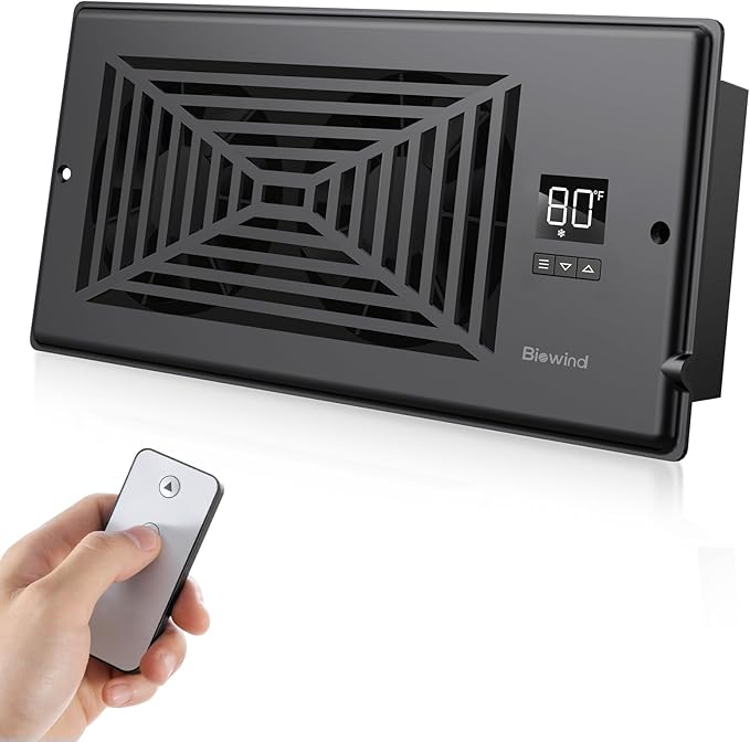 Quiet Register Booster Fan Fits 4" x 10" Register Holes, 10-Speed Smart Heating Cooling AC Vent Fan with Remote Control and Thermostat Control - Black