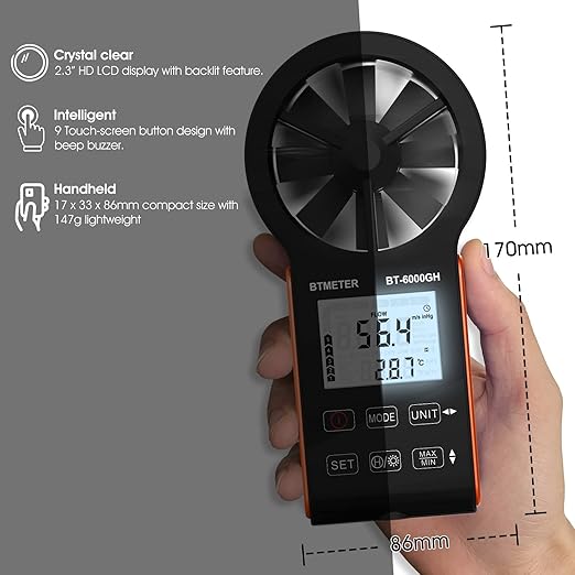 BTMETER Anemometer CFM Wind Meter, Air Flow Gauge Measure Wind Speed 0.3~30m/s, Monitor Airflow Volume 0-999900 ft3/min for HVAC Duct Air Vent, Touch-Screen Windometer 6000GH