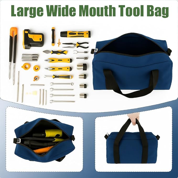 Small Tool Bag,Close Top Wide Mouth Tool Organizer Bag,Large Capacity Tool Bags for Men,Canvas Tool Storage Bag for Storage Handbag for Screwdrivers,Wrench,Pliers Hand Tools (Royal Blue, 16 Inch)