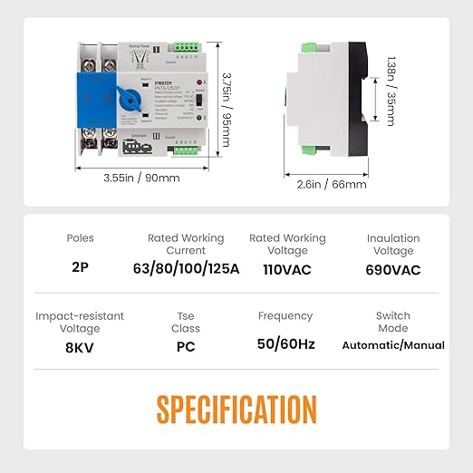Automatic Transfer Switch for Generator 110V, 2Pole 63A 80A 100A 125A ATS Dual Power Switch with Manual Control, DIN Rail Mount, for Home RV Generator (2P 110V, 63A)