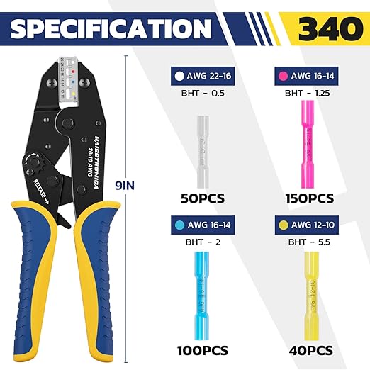 haisstronica 340PCS Heat Shrink Wire Connectors Set, 26-10AWG Marine Grade Heat Shrink Butt Connectors with 9" Crimping Tool and Organizer (4Colors/4Sizes)